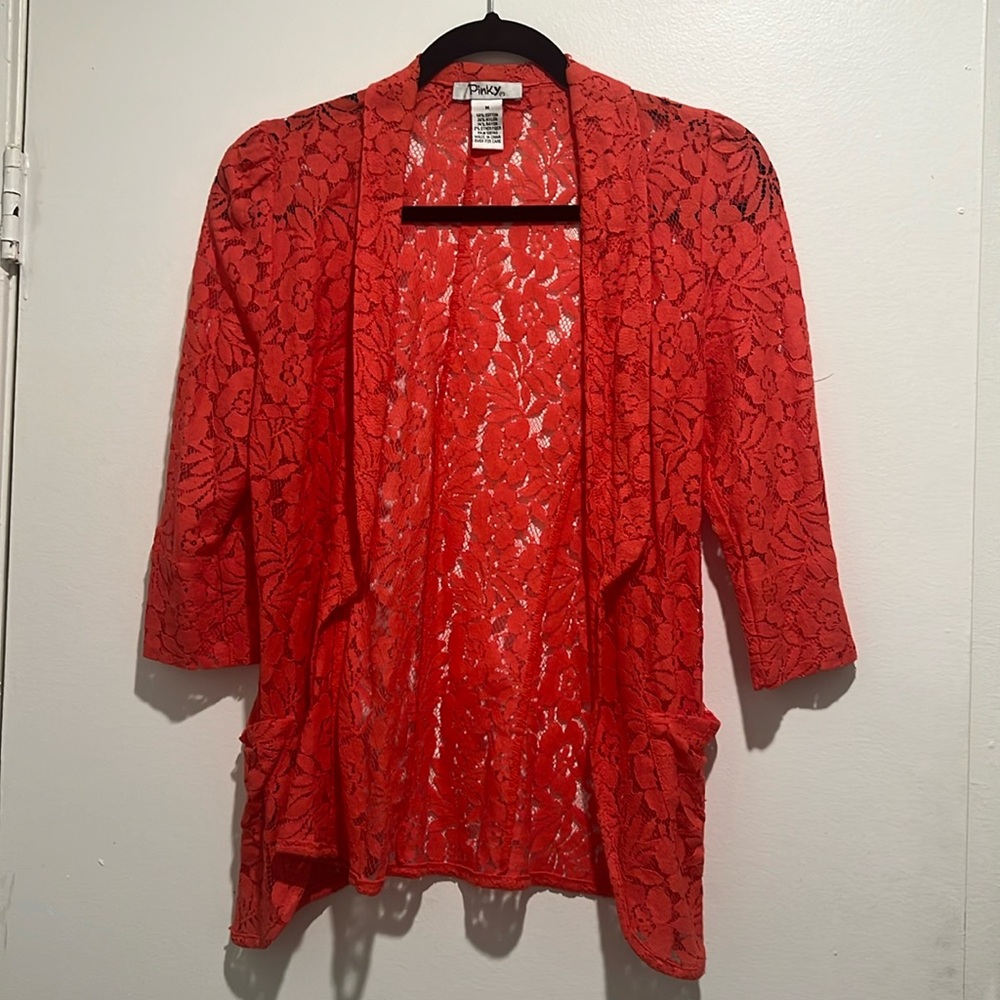 Pinky Lace Open-Front Cardigan Blazer - Coral Pink - Size M